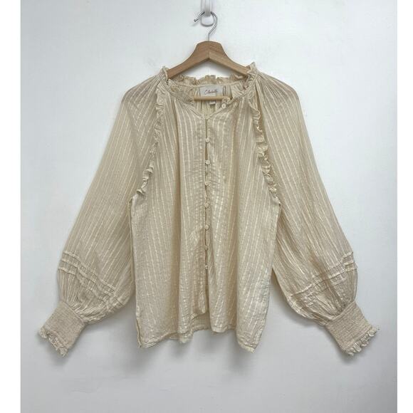 Cleobella Cream Ari Metallic Stripe Ruffle Puff Sleeve Peasant Blouse Large - Picture 2 of 16